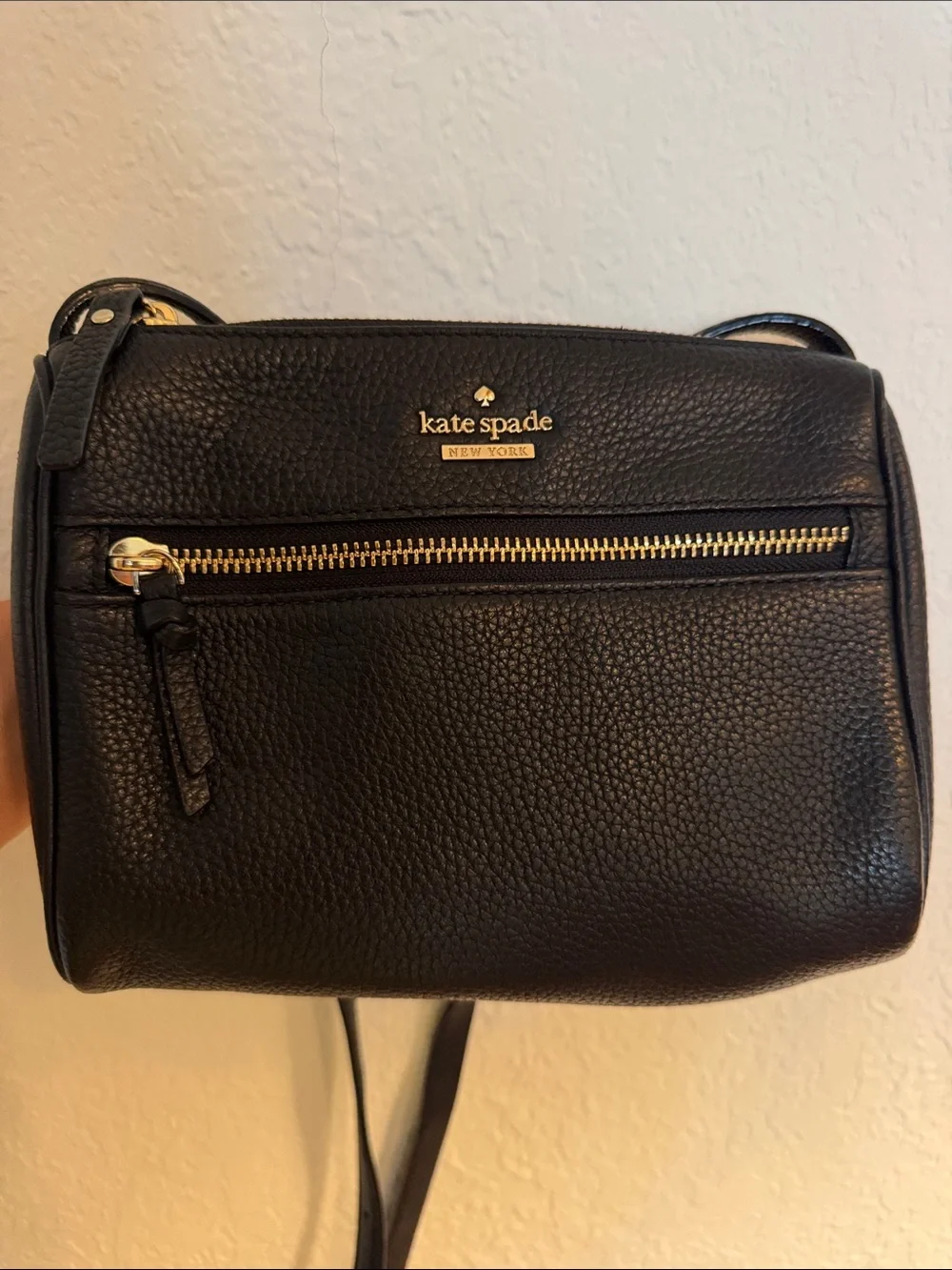 kate spade black pebbled leather crossbody with gold zippers
